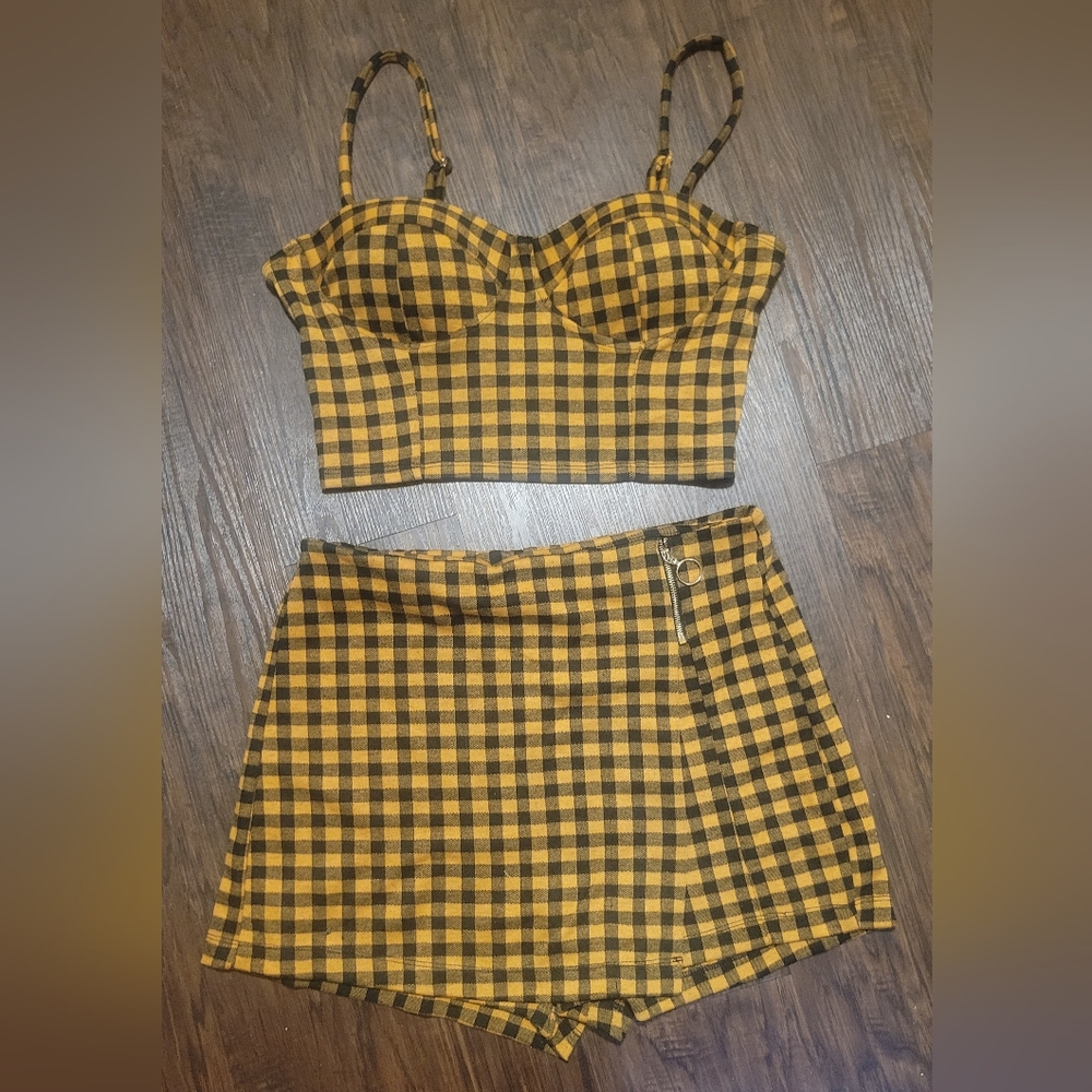 Yellow and Black Plaid Crop Top and Skirt Set